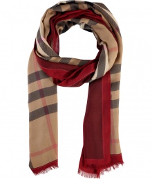 Perfect for taking through all four seasons, Burberry Londons rich red claret detailed scarf is an elegant way to wear the brands covetable check - Tonal red border with printed stitching, logo print on check, frayed ends - Wrap around sophisticated looks both indoors and out Perfect for taking through all four seasons, Burberry Londons rich red claret detailed scarf is an elegant way to wear the brands covetable check - Tonal red border with printed stitching, logo print on check, frayed ends - Wrap around sophisticated looks both indoors and out