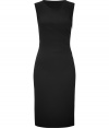 Cut a feminine figure after dark in Emilio Puccis exquisitely tailored black wool sheath - Round neckline, sleeveless, gathered side detail, exposed full metal side zip, side slit - Form-fitting - Wear with a bright exotic skin clutch and matching heels