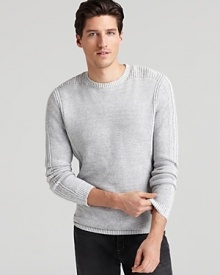 Not your average crewneck sweater, this design features unique knit panels at the shoulder and side for sporty, military-inspired flair. Crafted in a blend of cotton, modal and silk for dramatic softness. From HUGO. Not your average crewneck sweater, this design features unique knit panels at the shoulder and side for sporty, military-inspired flair. Crafted in a blend of cotton, modal and silk for dramatic softness. From HUGO.
