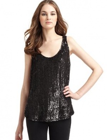 THE LOOKSequined alloverScoop necklineSleevelessTHE FITAbout 27 from shoulder to hemTHE MATERIALSilk exclusive of trimCARE & ORIGINSpot cleanMade in USA of imported fabric