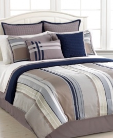 Calm, cool and collected. This jacquard woven La Fauburg comforter set offers modern stripes and distinct textures in a soothing palette of blues, greys and tans. Coordinating bedskirt, European shams and decorative pillows complete this decidedly serene atmosphere.