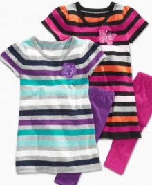 Sweet vintage stripes on this sweater dress from Flapdoodles gives her a lovely look that pairs perfectly with matching leggings. Sweet vintage stripes on this sweater dress from Flapdoodles gives her a lovely look that pairs perfectly with matching leggings.