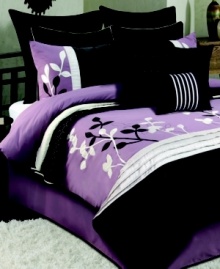 Floral chic. Give your room a new point of view with this sophisticated Isabella comforter set, boasting a sweet color scheme of pretty purple and dramatic black. Applique flowers, pin tuck pleats and embroidered details give this set lush texture for a truly stunning presentation.