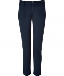 Stylish pant in fine, dark grey-blue cotton stretch blend - Traditional slim-leg, chino cut - New 7/8 length crops at ankles - Medium low rise - Belt loops and single button closure - Pockets at sides and welt pockets at rear - Classically cool and comfortably chic, ideal for both work and leisure - Pair with a silk top, blazer and pumps, or go for a more casual look with a t-shirt, cardigan and ballet flats