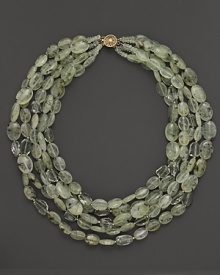 A bold five-strand necklace in a mix of prehnite and green amethyst from Lara Gold for LTC. A bold five-strand necklace in a mix of prehnite and green amethyst from Lara Gold for LTC.