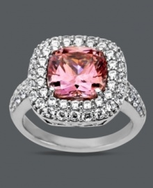 Perfectly poised in pink. Arabella's conversation-starting cocktail ring shines with a cushion-cut pink Swarovski zirconia center (6-1/5 ct. t.w.), two rows of round-cut white zirconias (2-1/4 ct. t.w.) and a sterling silver setting. Size 7. Perfectly poised in pink. Arabella's conversation-starting cocktail ring shines with a cushion-cut pink Swarovski zirconia center (6-1/5 ct. t.w.), two rows of round-cut white zirconias (2-1/4 ct. t.w.) and a sterling silver setting. Size 7.