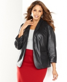 Cool coated fabric gives INC's fitted plus size blazer a slight sheen. Perfect for adding an edgy touch to everything from jeans to a little black dress!