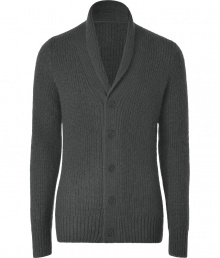 Elegant for downtime or anytime, this stylish cardigan of grey mohair-wool blend is a cozy favorite - Soft and warm feel with a narrow cut, shawl collar, half placket and long sleeves - Favorite piece for everyday - Wear over classic tees with jeans, corduroy or chinos