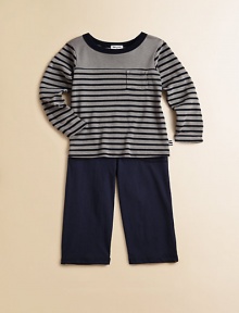 A cool, striped French tee sits atop matching pants for a handsome ensemble.CrewneckLong sleevesPullover styleElastic waistband38% modal/38% cotton/ 24% polyesterMachine washImported A cool, striped French tee sits atop matching pants for a handsome ensemble.CrewneckLong sleevesPullover styleElastic waistband38% modal/38% cotton/ 24% polyesterMachine washImported