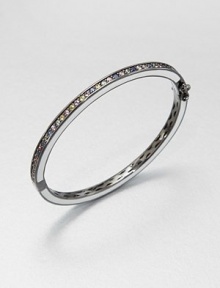 A channel-set half circle of pastel sapphires meets a smooth half circle of enamel in this slender, enamel-edged bangle with an openwork back.SapphiresEnamelBlack rhodium-plated sterling silverDiameter, about 2.2Hinged with push-lock safety claspImported A channel-set half circle of pastel sapphires meets a smooth half circle of enamel in this slender, enamel-edged bangle with an openwork back.SapphiresEnamelBlack rhodium-plated sterling silverDiameter, about 2.2Hinged with push-lock safety claspImported