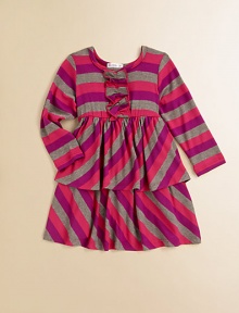 The perfect combination of sweet and chic, in cute diagonal and horizontal stripes with pretty ruffle details from top to toe.Scoop necklineLong sleevesPull-on styleFront ruffle detailTiered ruffle skirt96% rayon/4% spandexMachine washImported The perfect combination of sweet and chic, in cute diagonal and horizontal stripes with pretty ruffle details from top to toe.Scoop necklineLong sleevesPull-on styleFront ruffle detailTiered ruffle skirt96% rayon/4% spandexMachine washImported