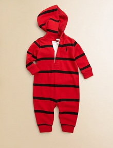 The classic hooded rugby shirt inspired our coverall in soft cotton jersey, authentically finished with a cozy hood and signature stripes.Attached hoodLong sleevesButton-frontBottom snapsCottonMachine washImported Please note: Number of buttons/snaps may vary depending on size ordered. The classic hooded rugby shirt inspired our coverall in soft cotton jersey, authentically finished with a cozy hood and signature stripes.Attached hoodLong sleevesButton-frontBottom snapsCottonMachine washImported Please note: Number of buttons/snaps may vary depending on size ordered.