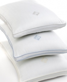 Sumptuous style now made for resting your head. The Lawton pillow from Lauren by Ralph Lauren is filled with lush down alternative for supreme comfort. A contrasting satin-bound edging and an embroidered signature crest both heighten this rich design.