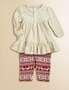 A pretty and festive set pairs a ruffled and lace-trimmed Henley tunic with a printed stretch cotton legging. Tunic Lace-trimmed crewneckLong puffed sleevesButton-frontRuffled hem Leggings Elastic waistbandTapered legCottonMachine washImported Please note: Number of buttons may vary depending on size ordered. 