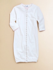 This soft cotton one-piece can be converted from a gown to legs.Picot trimVine-trimmed front snap closuresElastic at anklesMachine washCottonImported This soft cotton one-piece can be converted from a gown to legs.Picot trimVine-trimmed front snap closuresElastic at anklesMachine washCottonImported