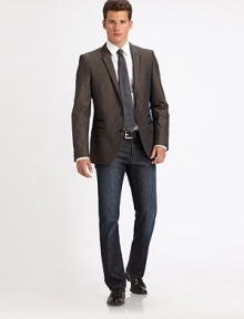 Classic, sophisticated two-button silhouette, in fine cotton trimmed in leather for a contemporary touch.ButtonfrontWaist flap pocketsRear ventFully linedAbout 28 from shoulder to hemCottonDry cleanImported Classic, sophisticated two-button silhouette, in fine cotton trimmed in leather for a contemporary touch.ButtonfrontWaist flap pocketsRear ventFully linedAbout 28 from shoulder to hemCottonDry cleanImported