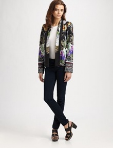 Defined by a striking rose print, this open-front topper has a shawl collar and contrasting panels. Shawl collarLong sleevesFully linedAbout 23 from shoulder to hemPolyesterDry cleanMade in USA of imported fabricModel shown is 5'10 (177cm) wearing US size Small. Defined by a striking rose print, this open-front topper has a shawl collar and contrasting panels. Shawl collarLong sleevesFully linedAbout 23 from shoulder to hemPolyesterDry cleanMade in USA of imported fabricModel shown is 5'10 (177cm) wearing US size Small.