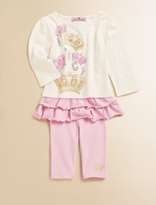 Comfy leggings with a built-in ruffle skirt, accompanied by a crown-printed crewneck that's suitable for any princess. CrewneckLong sleevesLeggings with elastic waistband and attached ruffle skirt95% cotton/5% spandexMachine washImported Comfy leggings with a built-in ruffle skirt, accompanied by a crown-printed crewneck that's suitable for any princess. CrewneckLong sleevesLeggings with elastic waistband and attached ruffle skirt95% cotton/5% spandexMachine washImported