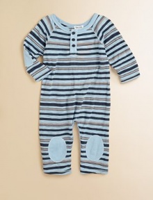 Standout stripes, elbow and knee patches, plus long raglan sleeves make this charming one-piece a must-have for baby.CrewneckLong raglan sleevesFront button placketBottom snapsCottonMachine washImported Please note: Number of buttons/snaps may vary depending on size ordered. 