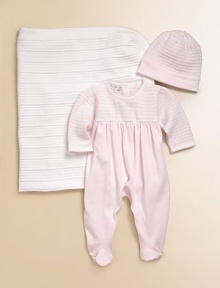 This footed silhouette will keep your little one warm and cozy in ultra soft cotton.CrewneckLong sleevesCrocheted bodiceBack button closureEmpire waistCottonMachine washImported