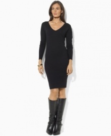 Lauren by Ralph Lauren's classic sweater dress is knit in ultra-soft merino wool for season-spanning style. Lauren by Ralph Lauren's classic sweater dress is knit in ultra-soft merino wool for season-spanning style.