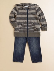Stylish stripes and handy pockets make this every day knit a stylish must-have.Attached hoodFront zipLong sleevesRib-knit cuffs and bottom bandSplit kangaroo pocket50% polyester/25% supima cotton/25% modalMachine washImported Stylish stripes and handy pockets make this every day knit a stylish must-have.Attached hoodFront zipLong sleevesRib-knit cuffs and bottom bandSplit kangaroo pocket50% polyester/25% supima cotton/25% modalMachine washImported