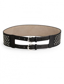 THE LOOKSilvery stud accentsAdjustable double buckle strapsTHE MEASUREMENTBelt, about 2¼ wideTHE MATERIALLeatherCARE & ORIGINMade in Italy THE LOOKSilvery stud accentsAdjustable double buckle strapsTHE MEASUREMENTBelt, about 2¼ wideTHE MATERIALLeatherCARE & ORIGINMade in Italy