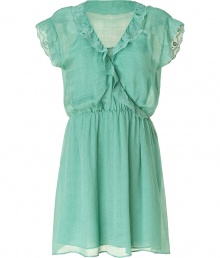 Ultra-feminine pure silk dress - Faux-wrap look creates ruffled v-neckline - Short sleeves with lace details - Gathered waist and slightly flared skirt that falls at knee - Romantic look for daytime events, garden parties or upscale cookouts - Try with wedge sandals or metallic leather thongs Ultra-feminine pure silk dress - Faux-wrap look creates ruffled v-neckline - Short sleeves with lace details - Gathered waist and slightly flared skirt that falls at knee - Romantic look for daytime events, garden parties or upscale cookouts - Try with wedge sandals or metallic leather thongs