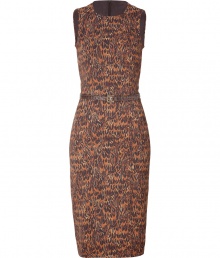 Luxurious slim-fitted dress flatters the figure in understated style - Designed in brown-patterned rayon stretch print - Feminine cut features round neck, pencil skirt and decorative leather belt - Ideal for cocktail parties and dinner events, or at the office with a cardigan - Pair with peep toe heels, platform sandals or boots