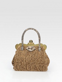 Pleated floral lace accented with sleek goldtone hardware and luxe tejus top handles. Double top handles, 4½ dropClasp closureTwo inside open pocketsSatin lining8W X 7½H X 2¾DMade in Italy Pleated floral lace accented with sleek goldtone hardware and luxe tejus top handles. Double top handles, 4½ dropClasp closureTwo inside open pocketsSatin lining8W X 7½H X 2¾DMade in Italy