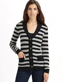 THE LOOKStriped throughoutSolid color shawl collarButton frontLong sleeves with solid, ribbed cuffsDual patch pocketsRibbed hemTHE FITAbout 26 from shoulder to hemTHE MATERIALCashmereCARE & ORIGINDry cleanImported