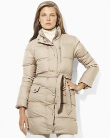 An essential, winter-ready design features a classic stand collar, easy zip front and removable belt to elegantly define the waist. An essential, winter-ready design features a classic stand collar, easy zip front and removable belt to elegantly define the waist.