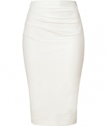 Make a bold statement in this figure flattering pull on pencil skirt from Donna Karan - High-waisted, fitted silhouette, draped front, twisted seam detail - Pair with opaque tights, an oversized cashmere sweater or silk blouse, and statement heels Make a bold statement in this figure flattering pull on pencil skirt from Donna Karan - High-waisted, fitted silhouette, draped front, twisted seam detail - Pair with opaque tights, an oversized cashmere sweater or silk blouse, and statement heels