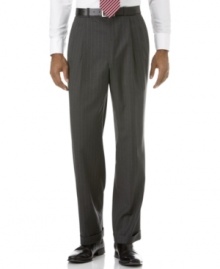 Stand for tradition. Classic double-pleat pant has a handsome drape and timeless style that looks great on its own or paired with the two-button blazer for an elegant suit. Engineered Waistband: Stretches one inch on each side. On-seam pockets. Button-through back pockets. Finished with a 1.5 cuff. Stand for tradition. Classic double-pleat pant has a handsome drape and timeless style that looks great on its own or paired with the two-button blazer for an elegant suit. Engineered Waistband: Stretches one inch on each side. On-seam pockets. Button-through back pockets. Finished with a 1.5 cuff.