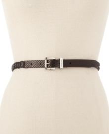 Coil your body in the sleek design of this skinny belt from MICHAEL Michael Kors. The exotic python embossing adds a vicious touch. Coil your body in the sleek design of this skinny belt from MICHAEL Michael Kors. The exotic python embossing adds a vicious touch.