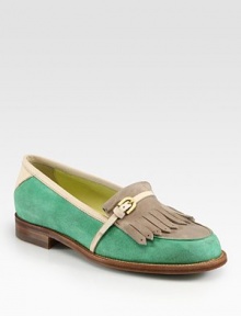 Leather trim and a moccasin front characterize this soft suede colorblock style. Suede and leather upperLeather lining and solePadded insoleMade in Italy