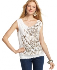 A pretty print stands out against the sultry, draped background of Style&co.'s smocked-hem tank!