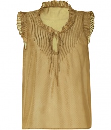 Playful top in sheer, sand-colored silk - Gathered collar and small, ruffled cap sleeves - Tie detail brings neckline deeper - Loose, straight cut - Extremely lightweight and flirty, creates a romantic look with flared jeans - Pair with wedge heels and oversized boho-chic bag