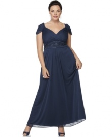 Evening elegance, from Alex Evenings. This plus size gown features graceful draping and a sparkling beaded waistband!