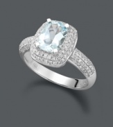 Polish your look with a little extra shimmer. This stunning ring features a princess-cut aquamarine (1-1/4 ct. t.w.) surrounded by doubled rows of sparkling round-cut diamonds (1/2 ct. t.w.). Set in 14k white gold.