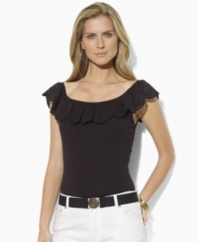 Lauren by Ralph Lauren's soft cotton jersey top is trimmed with delicate eyelet ruffles at the neckline, adding feminine appeal.