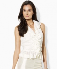 Delicate ruffles and embroidered tulle lend an air of vintage romance to this Lauren by Ralph Lauren sleeveless top.