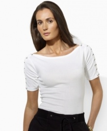 Lauren by Ralph Lauren's timeless boatneck tee in lightweight, fine-ribbed cotton channels modern style with chic lace-up detailing at the sleeves.