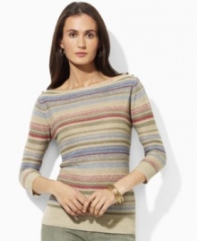 This sweater from Lauren Jeans Co. is woven in lightweight linen, and finished with a muted striped pattern for understated elegance.