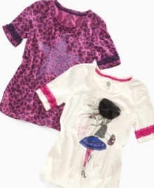 She'll have standout style in one of these graphic t-shirts from Jessica Simpson. Go for an allover leopard print or choose a 3D embellished graphic on the front. She'll have standout style in one of these graphic t-shirts from Jessica Simpson. Go for an allover leopard print or choose a 3D embellished graphic on the front.