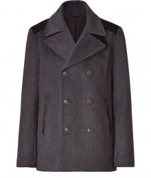 A modern rendition of the forever favorite pea coat, Rag & Bones two-tone wool version is a contemporary cool choice, guaranteed for multi-season sophistication - Notched collar, long sleeves, buttoned cuffs, black shoulder patches, double-breasted buttoned front, zippered slit pockets - Straight silhouette - Wear with sleek leather accessories and soft knit caps A modern rendition of the forever favorite pea coat, Rag & Bones two-tone wool version is a contemporary cool choice, guaranteed for multi-season sophistication - Notched collar, long sleeves, buttoned cuffs, black shoulder patches, double-breasted buttoned front, zippered slit pockets - Straight silhouette - Wear with sleek leather accessories and soft knit caps
