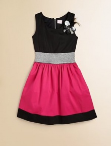 Tailored in airy cotton sateen, this girly colorblocked frock is beautifully complemented by a jewel and feather embellishment, metallic waistband and full skirt.BoatneckSleevelessExposed back zipperMetallic elastic waistbandFully lined97% cotton/3% spandexHand washMade in the USA