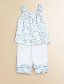 Dainty flowers and delicate ruffle trim makes for a pretty, yet comfortable, design for your little one. Scoopneck with ruffled trimSleevelessAllover floral printElastic waistbandSolid pant with floral ruffle trimPima cottonMachine washImported Dainty flowers and delicate ruffle trim makes for a pretty, yet comfortable, design for your little one. Scoopneck with ruffled trimSleevelessAllover floral printElastic waistbandSolid pant with floral ruffle trimPima cottonMachine washImported