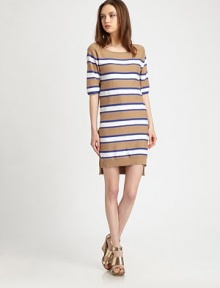 Lightweight cotton featuring a reverse stripe knit in a straight-line sheath.BoatneckDropped shouldersShort sleevesRibbed trimHem longer in backPullover styleAbout 22 from natural waistCottonDry cleanImportedModel shown is 5'10 (177cm) wearing US size Small. Lightweight cotton featuring a reverse stripe knit in a straight-line sheath.BoatneckDropped shouldersShort sleevesRibbed trimHem longer in backPullover styleAbout 22 from natural waistCottonDry cleanImportedModel shown is 5'10 (177cm) wearing US size Small.