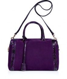 Finish you daytime look on an exquisitely luxe note with Salvatore Ferragamos radiant purple python trimmed Marilyn bag - Top zip with side logo lock, removable shoulder strap, key attached to handle, chocolate leather lining, inside zippered back wall pocket, two front wall slot pockets - Team with ladylike looks for work, or carry to cocktails with dressy tailored sheaths Finish you daytime look on an exquisitely luxe note with Salvatore Ferragamos radiant purple python trimmed Marilyn bag - Top zip with side logo lock, removable shoulder strap, key attached to handle, chocolate leather lining, inside zippered back wall pocket, two front wall slot pockets - Team with ladylike looks for work, or carry to cocktails with dressy tailored sheaths